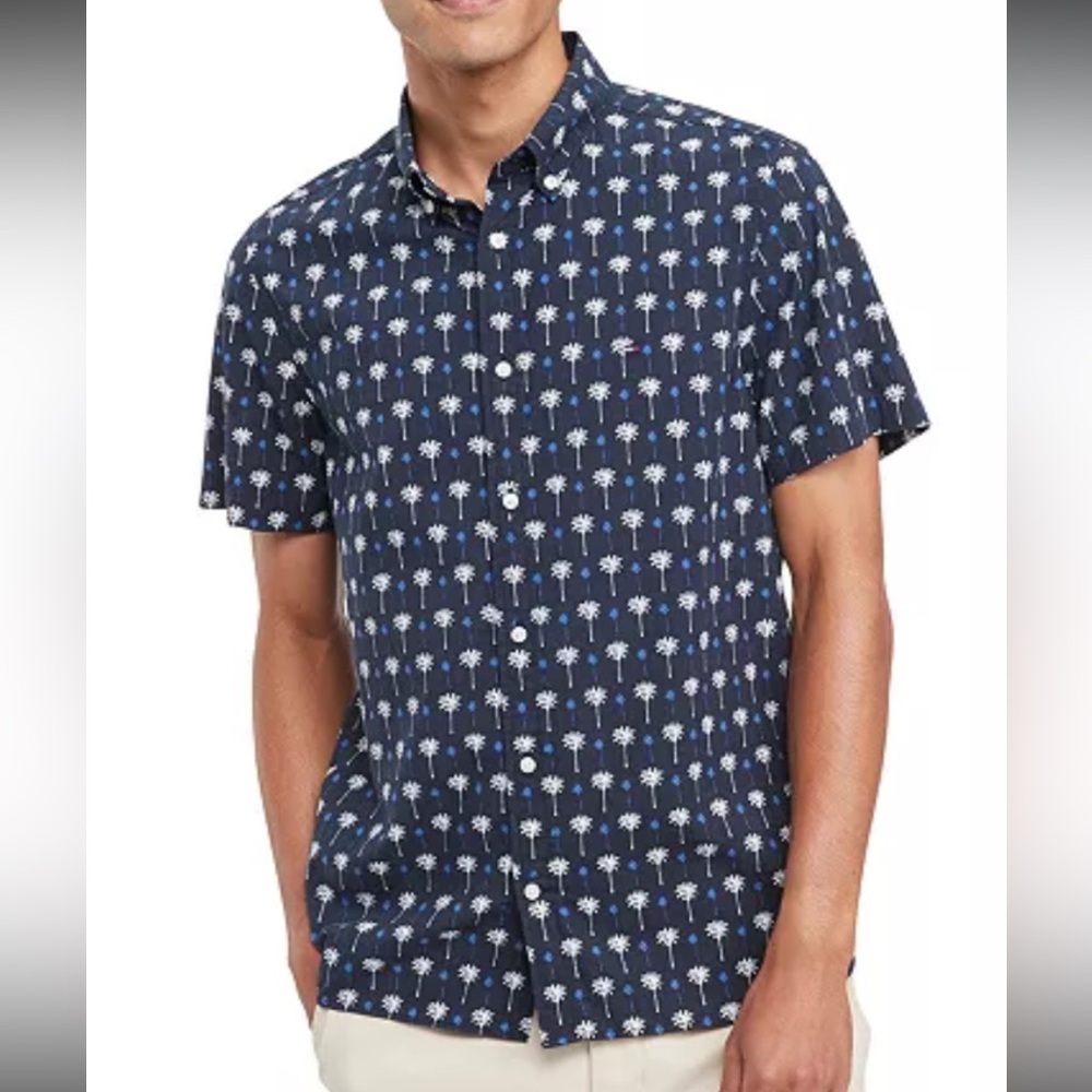 Tommy Hilfiger Men's Slim Fit Palm Tree Navy Short Sleeve Shirt Size M